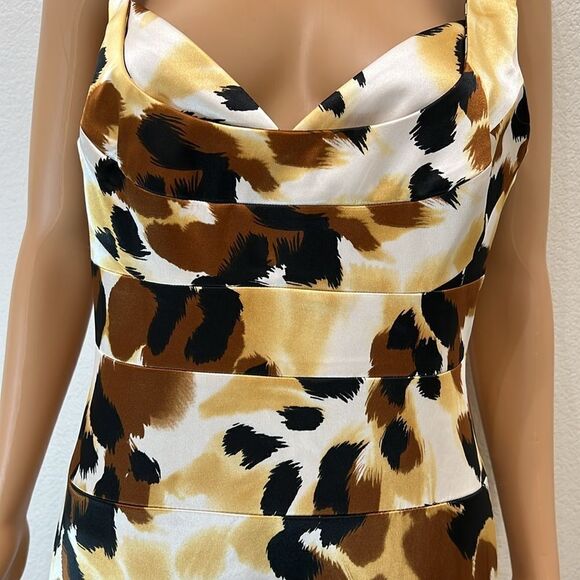 London Times Women’s Dress Sweatheart Neck Gold Brown Print Sleeveless Sheath - Picture 5 of 9